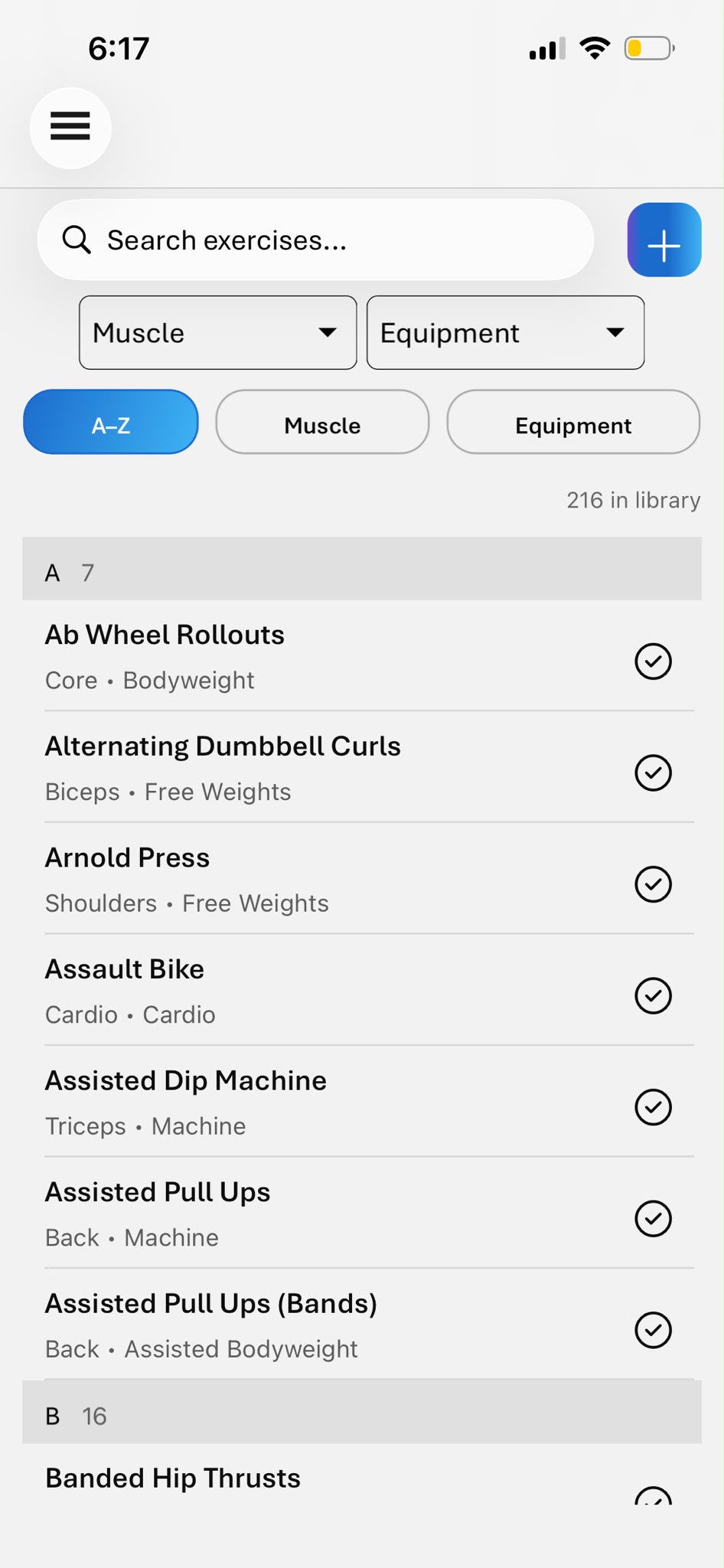 Exercise library sorted A to Z, with the muscle group and equipment for each exercise.