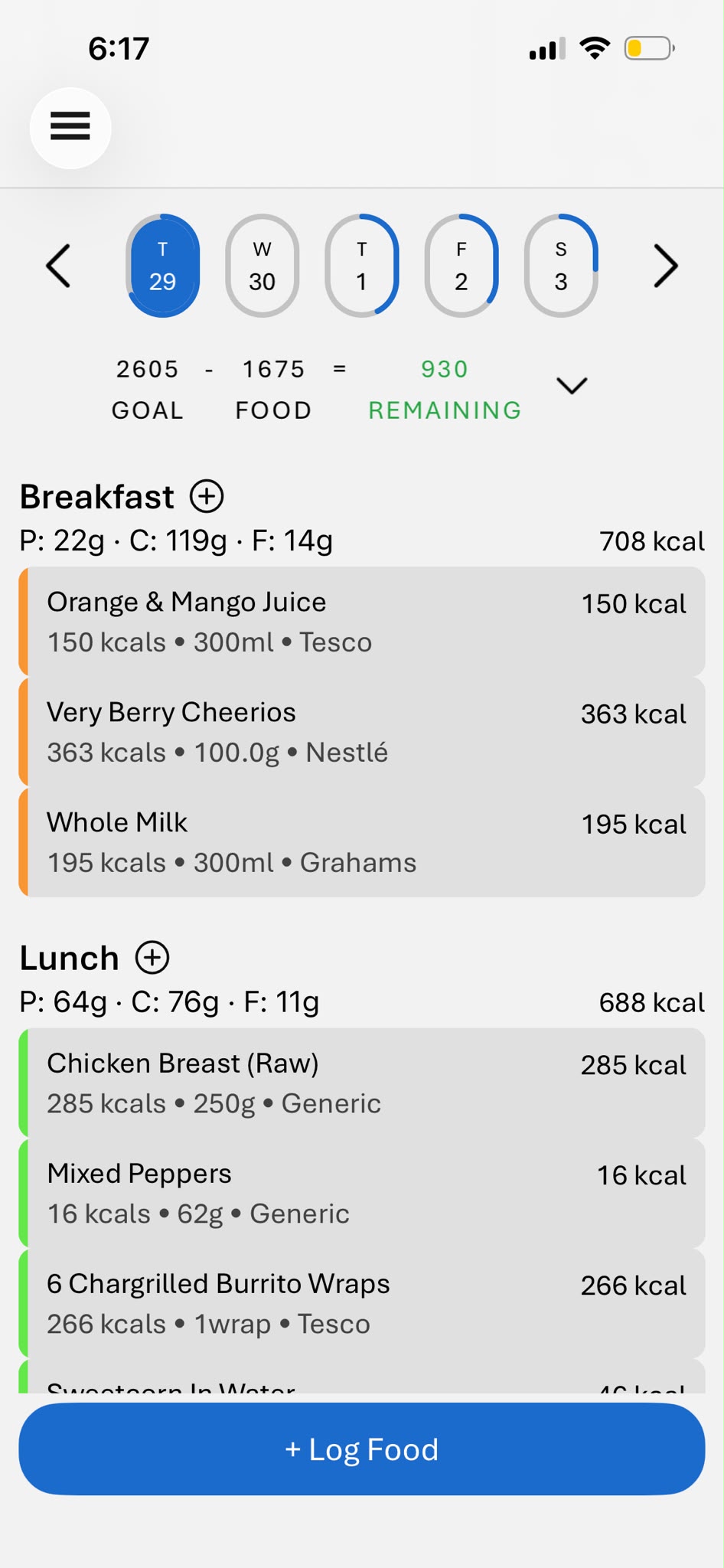 Refine food diary showing the daily calorie goal, food eaten and calories remaining, with breakfast entries and their calories.
