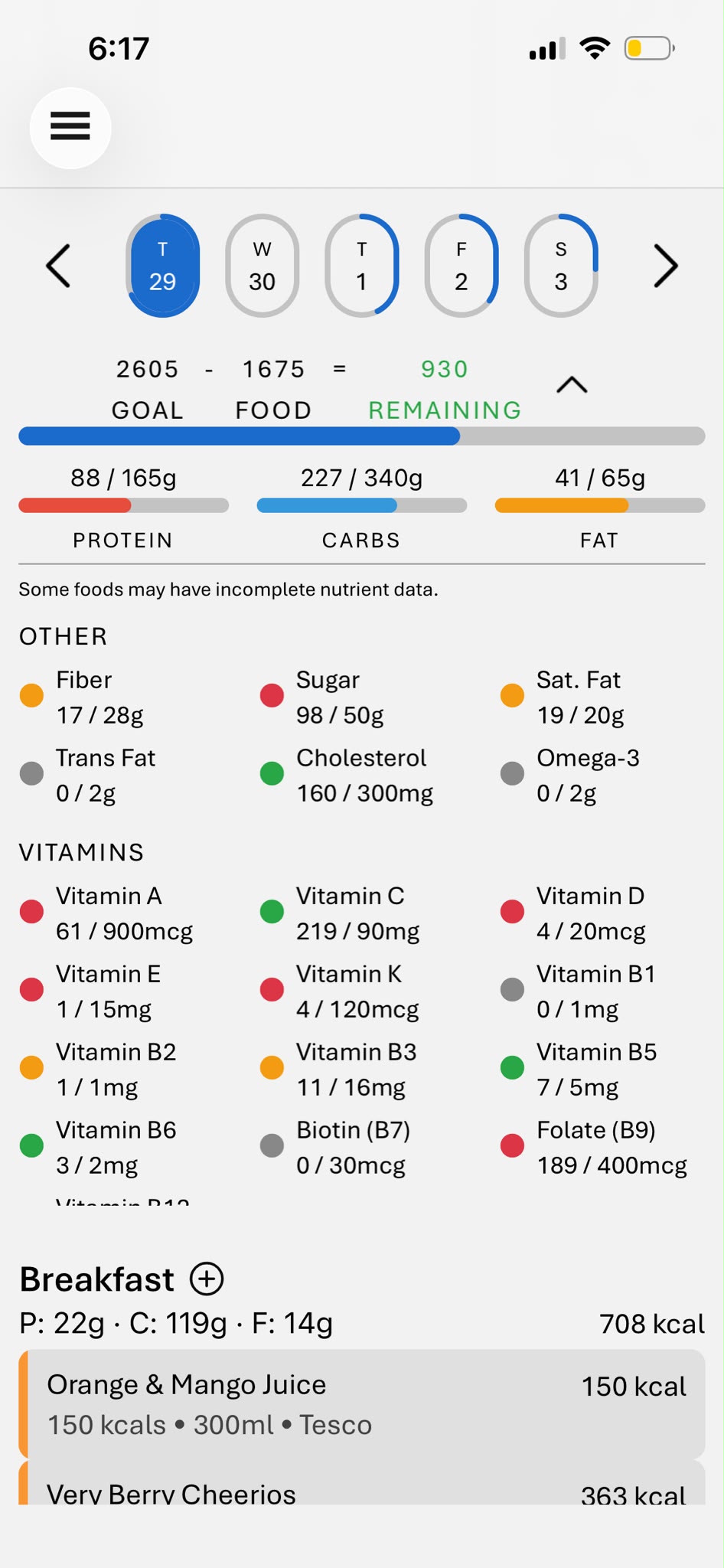 Nutrient breakdown showing protein, carbs and fat progress, plus vitamins and other nutrients against daily targets.