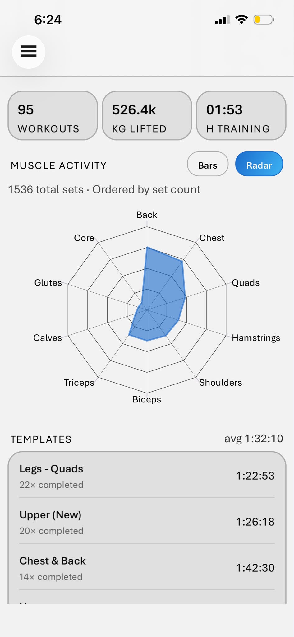 Radar chart of training sets by muscle group, with workout count, total kilograms lifted and training time.